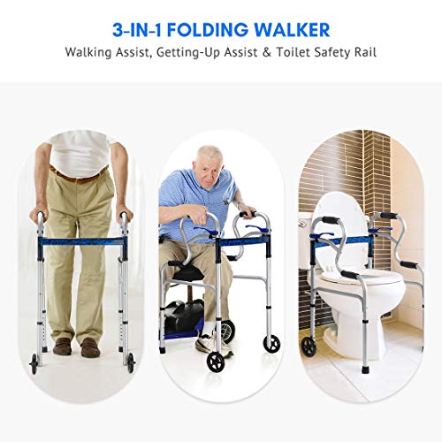 Health Line Massage Products 3 in 1 Stand-Assist Folding Walker with Trigger Release and 5 inch Wheels Supports up to 350 lbs, Compact Lightweight & Portable with Glides, Silver - Thumbnail 3