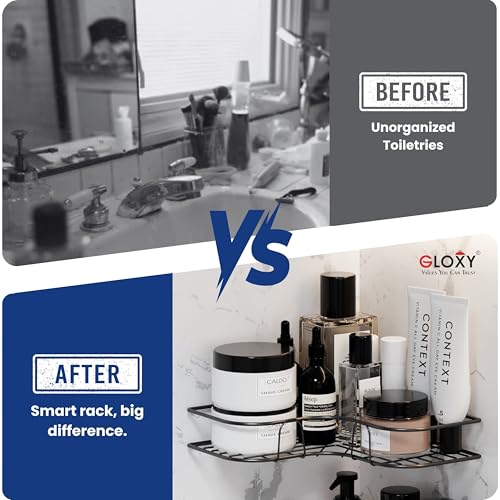 Image of GLOXY Premium Combo Pack of 3 Black Metal Bathroom Corner Rack Shelves - Rust Resistant Self Adhesive Mount Bathroom Accessories Storage Rack - Multipurpose No Drill Shower Caddy Organizer
