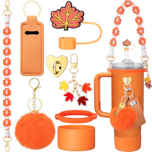 Mity rain 8PCS Cup Accessories for Stanley Cup 30oz 40oz Tumbler with Handle, Including Water Bottle Handle Strap, Chapstick Holder, Boot, Keychain Charms, Straw Topper Cover Cap for Stanley (Orange)