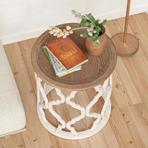 Farmhouse End Table, Distressed Tray Top Side Table with Curved Motif Frame Base for Boho, Rustic, French Country, Small Space, Round, White - Image 7