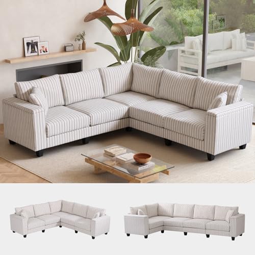 Image of 97 inch L Shaped Couch Corner Sofa, 5 Seater Oversized Cloud Couch with 2 Pillows Modular Sectional Sofa Armrests with Two Hidden Storage Space Sectional Couches for Living Room Blue Stripe