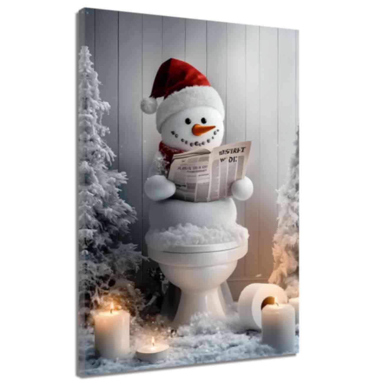 ZQQART Christmas Snowman Wall Art Snowman on Toilet Canvas Art Christmas Bathroom Picture Prints Winter Scene Painting Farmhouse Poster (White,20.00" x 30.00")