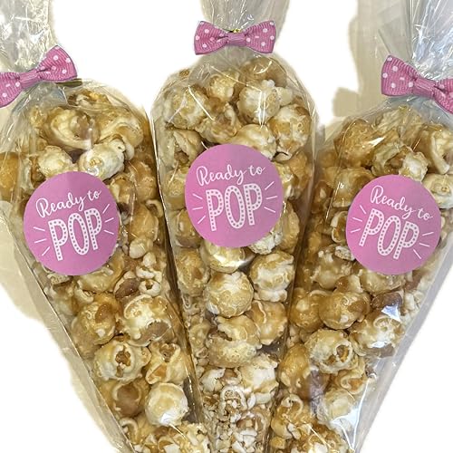 Baby Shower Favours - Ready to Pop - Popcorn Favour Bags - favour bags stickers and pre-tied bows (Pink) Baby Shower Favours - Ready to Pop - Popcorn Favour Bags - favour bags stickers and pre-tied bows (Pink)