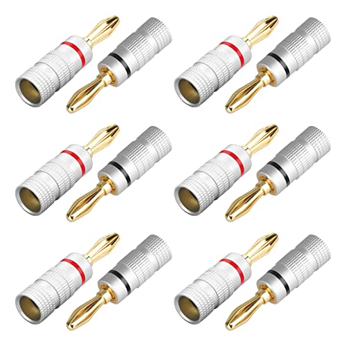 SUNJOYCO 6 Pairs Gold Plated Copper Speaker Banana Plugs, Closed Screw Banana Plugs Connector for Speaker Wire, Wall Panels, Home Theatre, Audio, Video Receivers, Amplifiers and Sound Systems