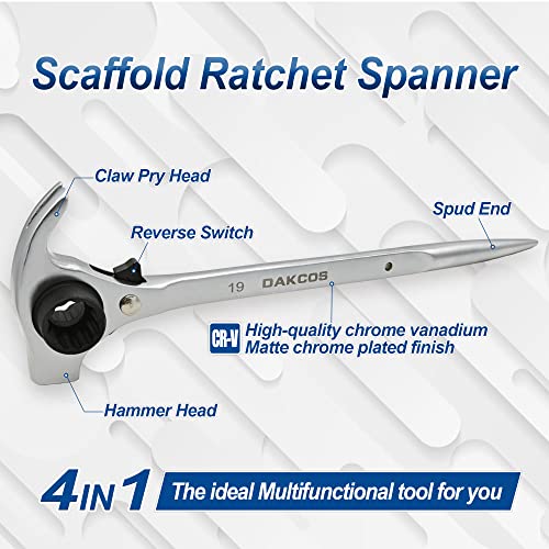 DAKCOS 4 in 1 Ratchet Podger Spanner Scaffold Spanner with Claw Hammer 17mm x 19mm (Silver Tone) - Image 2