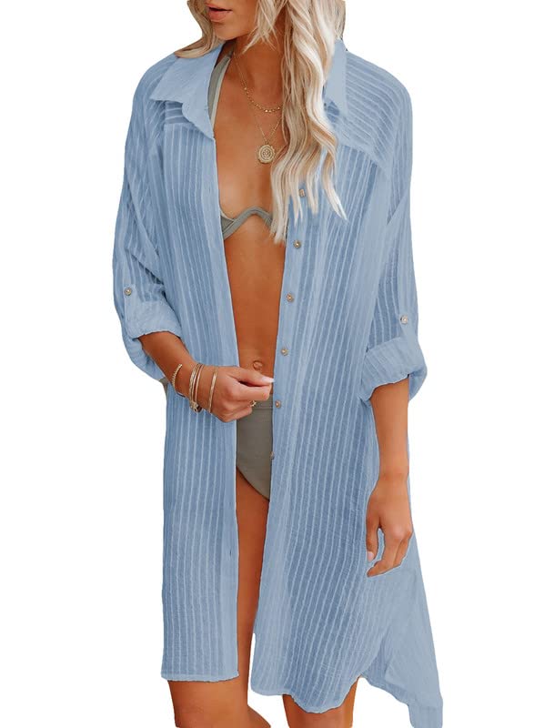 Dokotoo Womens Summer Casual Long Sleeve Side Split Swimsuit Bathing Suit Swimwear Swim Cover Up Button Down Solid Color Loose Beach Shirt Dress Kimonos Cardigan for Women with Belt Sky Blue Large