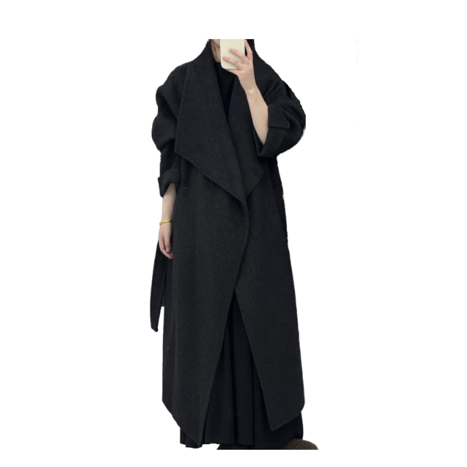 Womens Wool Blend Coat Womens Double-Faced Cashmere Coat Elegant Large Lapel Long Wool Trench Coat Loose Fit Tie