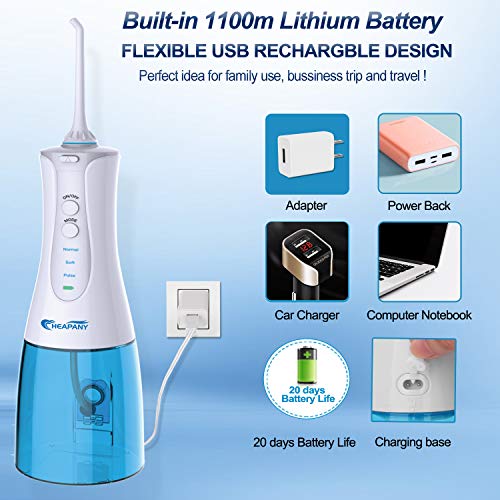 MAGLONG Cordless Water Flosser Teeth Cleaner, 320mL 4 Jet Tips Dental Oral Irrigator for Home and Travel,Portable IPX7 Waterproof Design, 3-Mode Water Flossing,Updated Braces & Bridges Care (Blue)