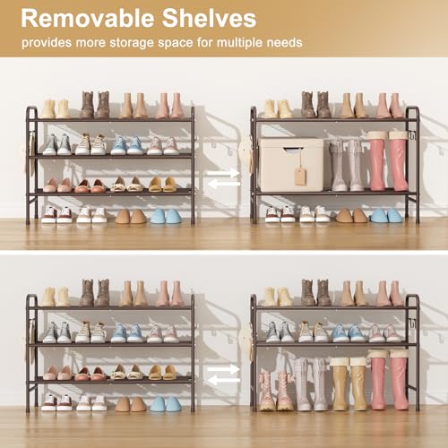 Image of VILICK 3 Tier Shoe Rack 33 inch Wide Metal Shoe Organizer Long Shoe Storage with 4 Side Hooks Sturdy Shoes Shelf for Front Door Entrance, Closet, Garage, Dorm, Brown