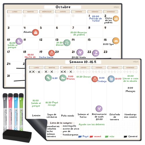 Milijou – Calendario Magnético para Nevera A3 – Planificador Mensual y Semanal Borrable – 42 Pegatinas de Eventos, 4 Rotuladores, 1 Borrador – Pizarra Blanca Magnética – Rastreador de Bienestar