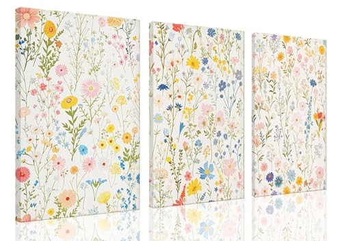ZQARTZZQ Framed Colorful Wildflower Canvas Wall Art, Floral Wall Art, Watercolor Flower Wall Decor Flowers Pictures Prints Floral Painting Set of 3 for Living Room Girls Bedroom Bathroom