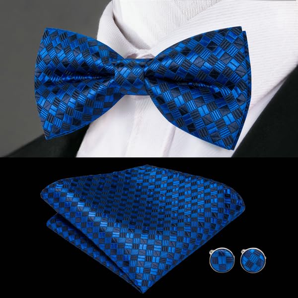 Image of Hi-Tie 5Pcs Mens Solid Color Silk Tie Satin Pretied Bowtie Lapel Pin for Men Handkerchief Cufflink Wedding Gift Box Blue