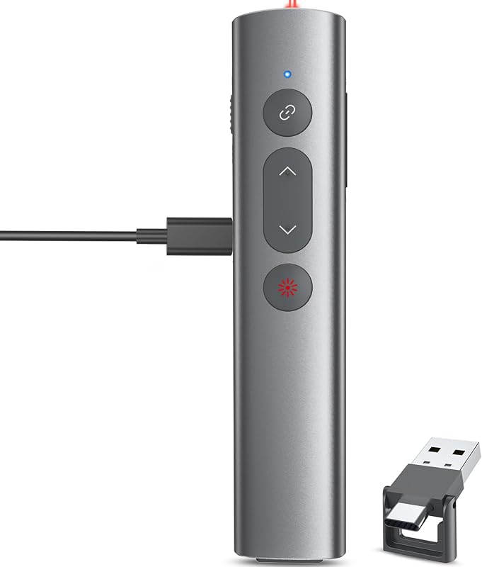 Clicker de presentación de acero aleado con láser rojo, control remoto inalámbrico para presentador | Receptor USB/Tipo C 2 en 1, recargable, puntero Powerpoint para Mac/Windows/Linux, computadora/portátil, Google Slide/PPT/Keynote
