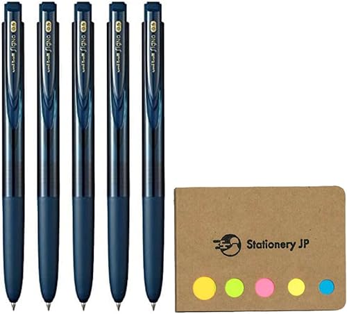 Signo RT1 - Bolígrafo retráctil de tinta de gel, punta extrafina de 0.020 in, agarre de goma, tinta azul negra, paquete de 5, notas adhesivas