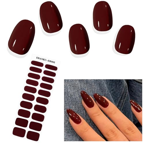 EBANKU Uitgeharde Gel Nagel Strips, 20 stickers Donkerrode Gel Nagel Lak Stickers Wraps Zelfklevende Gel Nagel Stickers met Nagelvijlstok en Afdichtstrip (UV/LED-lamp vereist)