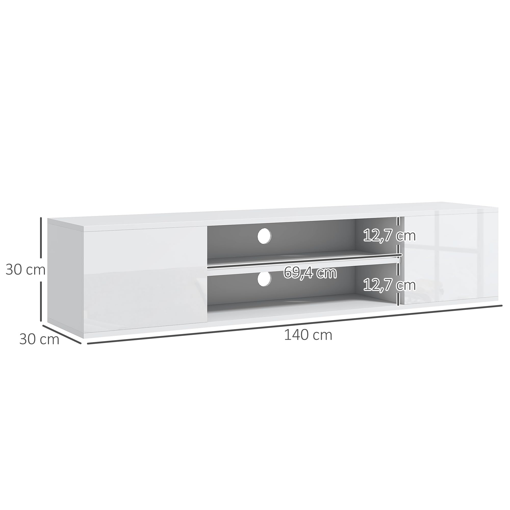 HOMCOM Meuble Banc TV Mural Suspendu Style Contemporain - 2 placards 2 Passe-câbles et 2 niches centrales 140 x 30 x 30 cm Blanc