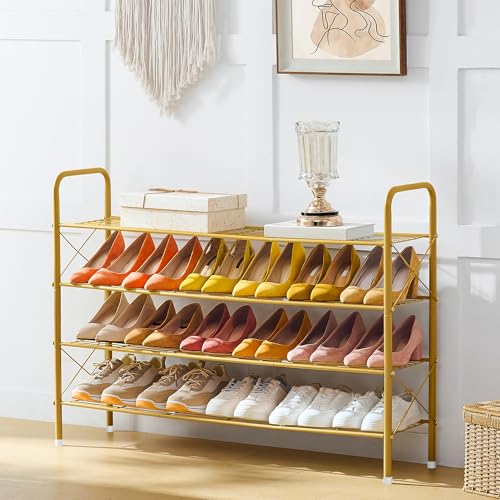 Image of Hoctieon 4 Tier Mesh Style Shoe Rack, Entryway Shoe Shelf, Shoe Storage Organizer, Shoe Rack for Closet, Space Save for Bathroom, Garage, Hallway, Bedroom, Living Room, Gold