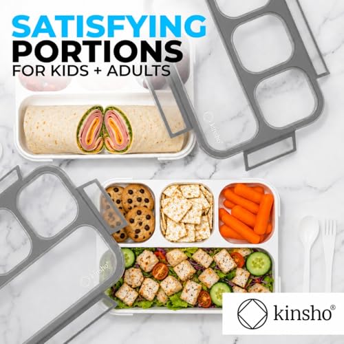 Image of kinsho Bento Lunch Box Container for Kids Adults, Portion Control Meal Prep and Snack Containers, Japanese Style Boxes with 4 Compartments for Boys Teens, School Work and Travel BPA Free | Gray