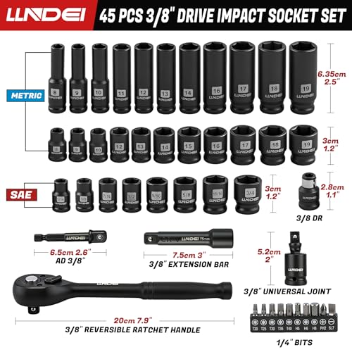Image of LLNDEI 45PCS 3 /8 Inch Drive Impact Socket Set (Metric&Sae) with Transparent Case and EVA Foam Insert, Cr-V Material, for Automotive Engine and Daily Home Repair