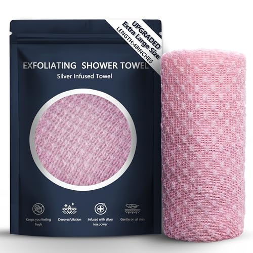 Anynew Silver Towel Exfoliating Shower Towel 48 Premium Scrub Wash Cloth for Body Face Exfoliating Washcloth for Men and Woman (Pink)