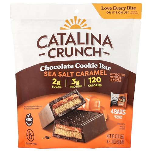 Catalina Crunch Chocolate Cookie Bars - Keto Friendly Snacks with 2g Sugar and 3g Protein - Gluten Free Low Carb Candy Bars, Kosher - Sea Salt Caramel, 4 Count (Pack of 1)