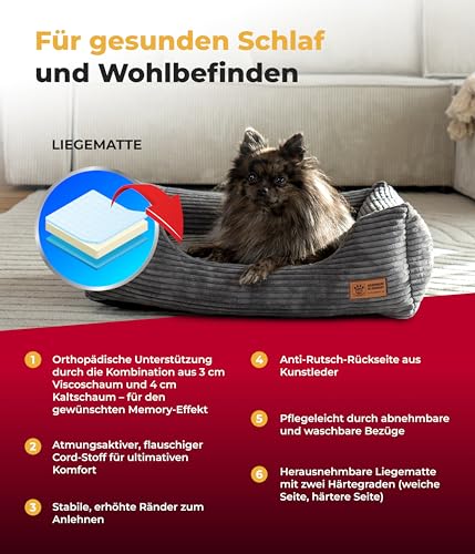 HS-Hundebett® Kuschelbett Deluxe Cord XS (50x70 cm) – Orthopädisches Hundebett für kleine Hunde – Memory Foam, waschbar, rutschfest – Anthrazit – Made in Germany