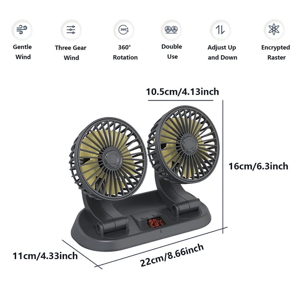 Riloer Elektryczny wentylator samochodowy 12V/24 V Przenośny dwugłowicowy letni wentylator powietrzny 360° regulowany 3 prędkości, zapalniczka do papierosów z zasilaniem