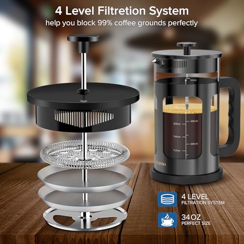QUQIYSO French Press Coffee Maker 34oz 304 Stainless Steel French Press with 4 Filter, Heat Resistant Durable, Easy to Clean, Borosilicate Glass Coffee Press, 100% BPA Free Glass Teapot, Dark Pewter