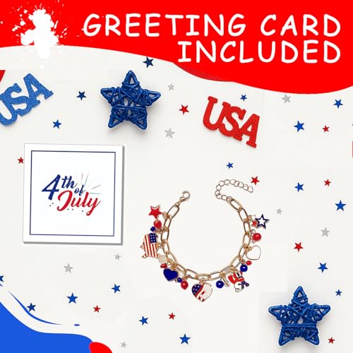 4th of July Bracelet for Women - Patriotic Outfits Red White Blue USA Charm Bracelet with American Flag Pendants, Perfect Fourth of July Jewelry & Independence Day Accessories, Adjustable 7-9.25 Inch4