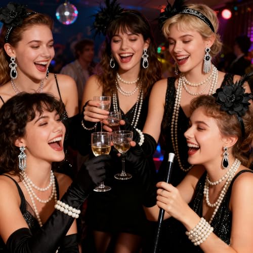 DTAOZFA Accesorios de los años 20, juego de accesorios de los años 20 para mujer, accesorios de vestido de los años 20, perfecto para carnaval, fiesta de baile con diadema, pulsera, collar, guantes - imagen 4