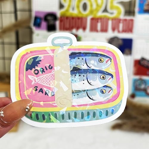 Image of 3 Pcs Kawaii Style Sardines Sticker, in Can Fish Sticker, Dark Humor Funny Bumper Die-Cut Vinyl Sticker 3 Inches for Water Bottles Laptop Phone Car Ski Helmet (Hologram, 3 inch)