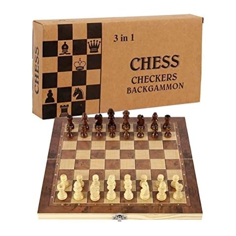 Chess Set,Folding Storage Wooden Chess Board Sets,15" Wooden Chess,3 in 1 Chess Board Game for Adults and Kids (Chess,Backgammon,Checkers) Cover