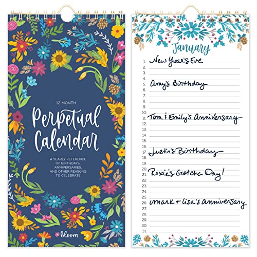 bloom daily planners Perpetual Hanging Flip Calendar - 5 x 10 - Monthly Wall Organizer Notepad for Important Dates Birthdays Anniversaries - Seasonal Florals
