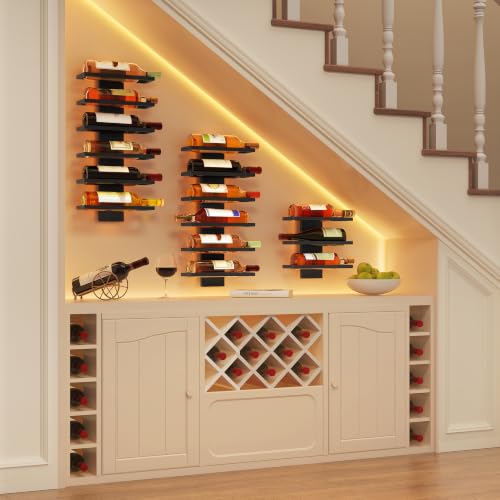 Image of Hoctieon 3-Set 6 Tier Wall Mount Wine Rack, Wall Mounted Wine Bottle Racks for Display and Storage, Hanging Bottle Holder, for Living Room, Dining Room, Bar, Wine Cellar, Black