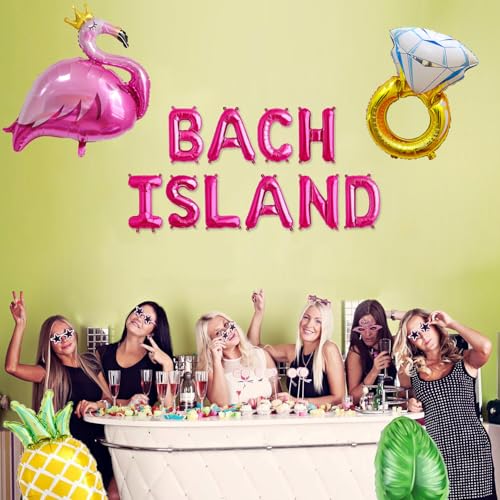 Image of Bach Island Balloon Banner Flamingo Palm Tree Diamond Ring Mylar Balloon for Tropical Island Themed Bachelorette Party Decorations