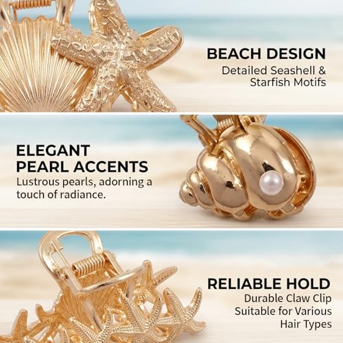 Set de 5 Pinzas de pelo con diseño concha marina, clips de playa para mujer, accesorios capilares dorados para fiestas en la playa y uso diario miniatura 3