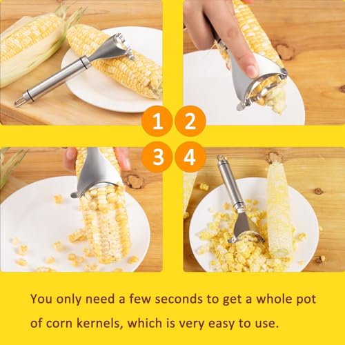 Image of Corn Stripper Stainless Steel Corn Peeler Tool, Serrated Blade Corn Cutter Heavy Duty Sweet Corn Kernel Remover Fast Corn Peeling Kitchen Tool, Pack of 4 (2 Cylindrical Yellow + 2 Handle Type)
