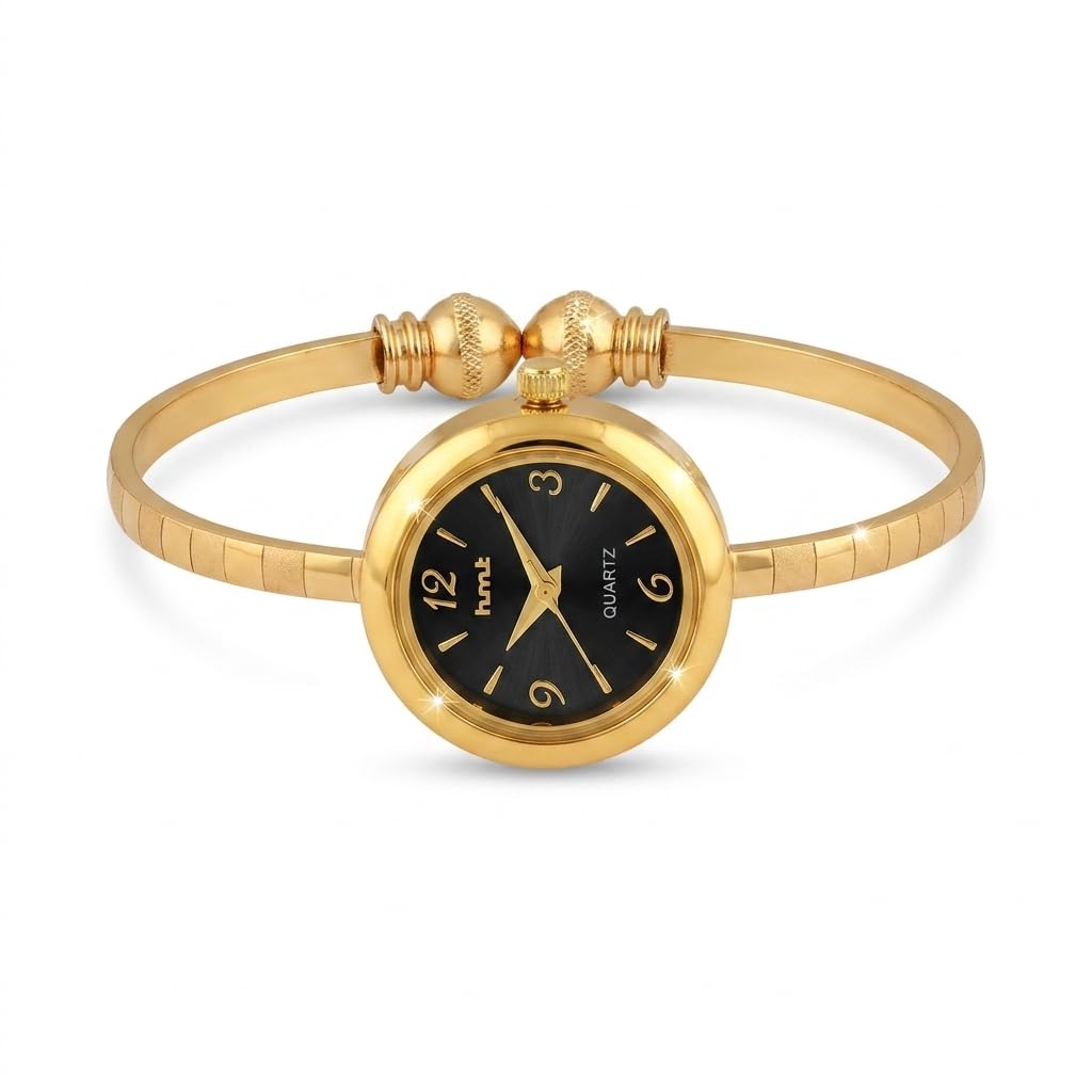 Gold Plated Kada Style Bracelet Watch for Women | Elegant Golden Cuff Black Dial Wrist Watch | Stylish Fashion Analog Watch for Daily, Party & Festive-image-33