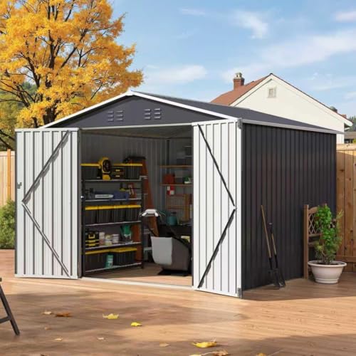 Image of AirWire 8x8 FT Outdoor Storage Shed, Garden Shed with Updated Frame Structure and Lockable Doors, Metal Tool Sheds for Backyard Garden Patio Lawn, Gray