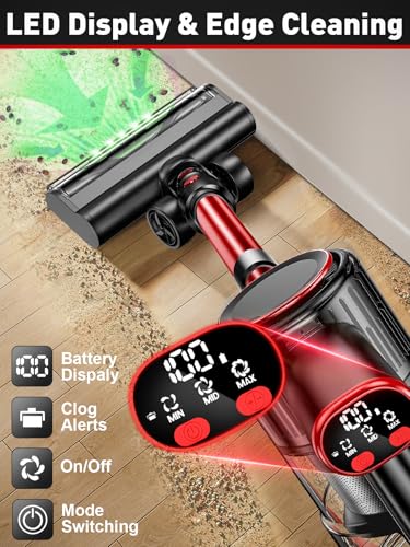Image of Cordless Vacuum Cleaner, 45KPA 8-in-1 Vacuum Cleaners for Home, 45Mins Runtime, Anti-Tangle Stick Vacuum with LED Display, Rechargeable Lightweight Vacuum for Pet Hair /Carpet /Floor (Red)