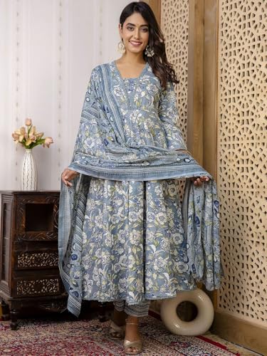 Image of PARTHVI Women's Printed Cotton Anarkali Kurta & Pant With Dupatta Set