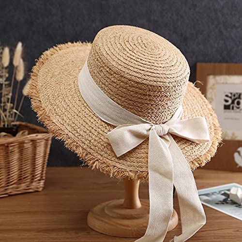 UKKO-Chapeau-de-Paille-Summer-Sun-Hat-Bow-Raffia-Hat-Visor-Temperament-Flat-Straw-Hats-Womens-Sea-Beach-Vacation-Leisure-Sunscreen-Hats