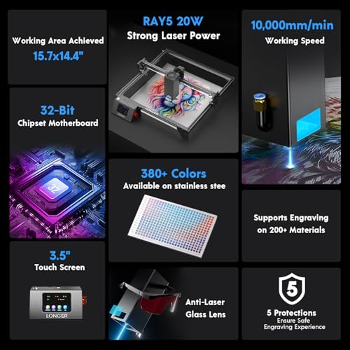 Image of Longer RAY5 Laser Engraver Bundle,20W Output Power for Wood /Leather /Acrylic Engraving Cutting Machine, DIY Desktop Laser Cutter with Safety Protection, Air Assist & 3 in 1 Roller,400 * 365mm