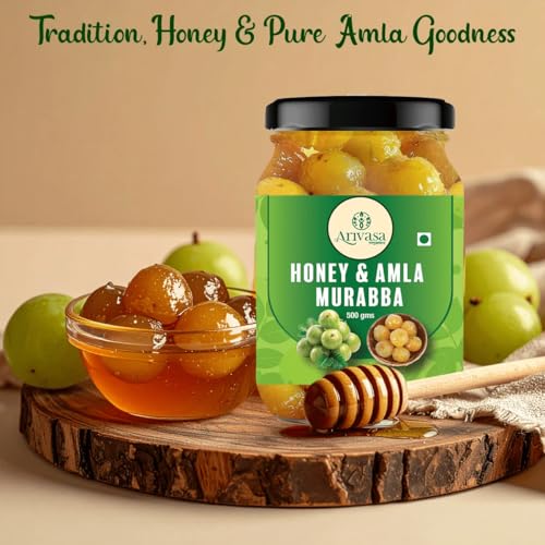 Image of Arivasa Organics Amla Murabba with Honey (500g) Natural & Fresh Indian Gooseberry Marmalade | Healthy & Sweet Snack for Digestion, Immunity & Overall Well-Being (No Artificial Preservatives or Flavors)