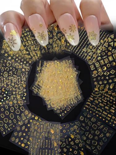 30 Sheets Gold Star Nail Art Stickers, 3D Self-Adhesive Nail Decals for Women, Gold Leaf Diamond Nails Decals
