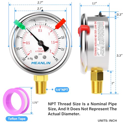 Image of MEANLIN MEASURE -30inHG~30Psi Vacuum Pressure Gauge 1 /4 inch NPT 2.5 inch FACE DIAL, Stainless Steel Liquid Filled Pressure Gauge WOG Water Oil Air Lower Mount (with 2PCS Snaps)