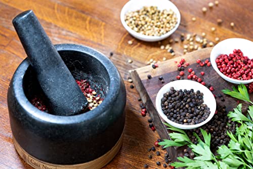 Casa Noa Mortar And Pestle Set With Wood Base - Heavy & Solid Polished Granite - 100% Natural, Large Guacamole Bowl, Stone Grinder, Molcajete Bowl, Anti-Scratch, 1.8 Cup Capacity, 5.8-Inch Pestle #TOP2