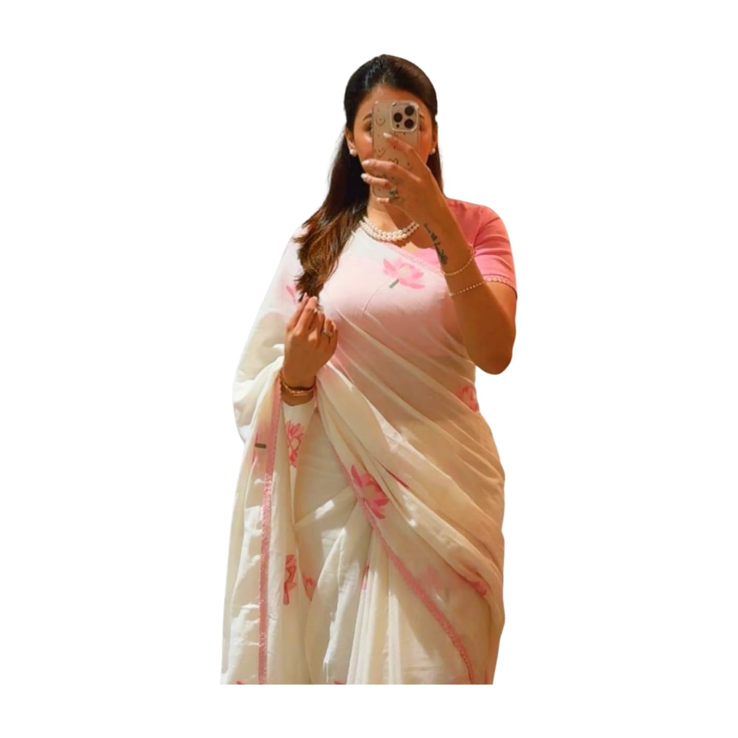 margi designers Womens New Latest Bollywood Style Linen Cotton Floral Printed Fancy Lace Border Off White Saree with Blouse | Saree For Womens-picture-38