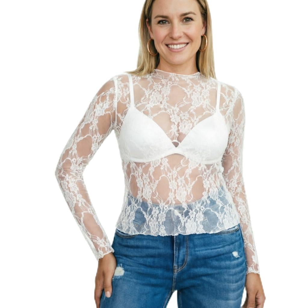 JClorix Damen Spitzenoberteil Langarm Oberteil aus Spitze Mock Neck Dünnes Spitzen Oberteil als Dirndlbluse für Hochgeschlossenes Dirndl Oktoberfest Regular Fit S bis XXL