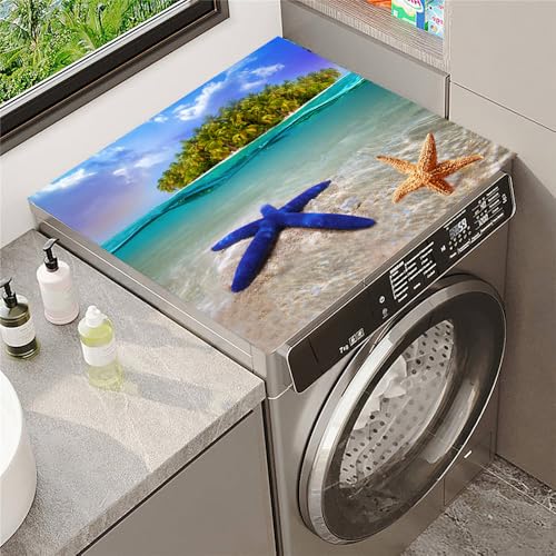 Hixingo Lavadora Estera Protectora, Cubre Lavadora, Funda Secadora Carga Superior, Protector Cubre Antideslizante para Secadoras, Cocinas, Autocaravanas, 3D Océano (Estrella de mar azul,60 * 60cm)